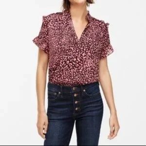 J. Crew Pink Leopard Print Top with Ruffle Detail Size XXS